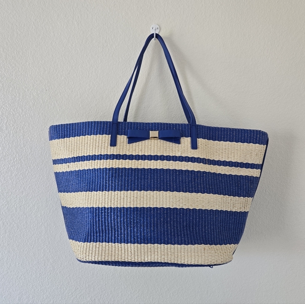 New Kate Spade Wicklow Court Anabette Striped Straw Tote Bag Beige Azure Blue - Picture 2 of 16